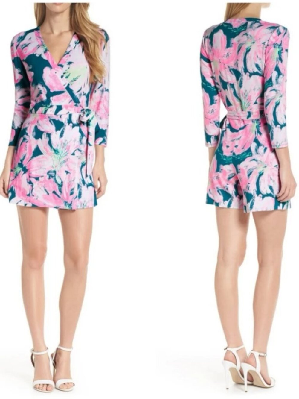 LILLY PULITZER Karlie Tidal Wave Pans Garden Floral Wrap Romper Medium